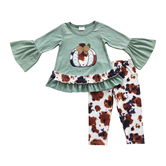 GLP0578 Baby Girls Fall Cow Print Embroidery Pumpkin Outfit