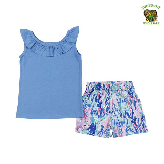 Summer Girls Blue Top Matching Coral Shorts Outfit
