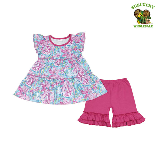Baby Girls Floral Tunic Top Hot Pink Ruffle Shorts Set