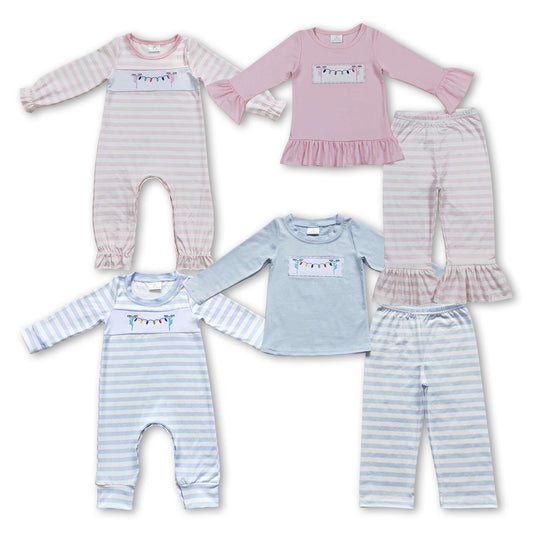 Christmas Light Blue and Pink Striped Sbiling Outfit Romper