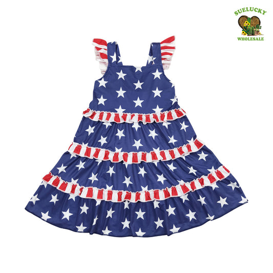 GSD0681 Kids Girls July 4th Stars Blue Red Color Dress