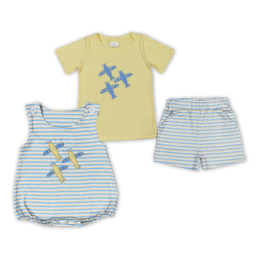 Baby Boys Planes Short Sleeve Tee Shirts Stripes Shorts +Romper
