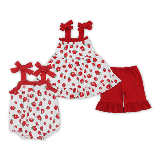 Summer Baby Girls Sister Sibling Strawberry Outfit and Romper