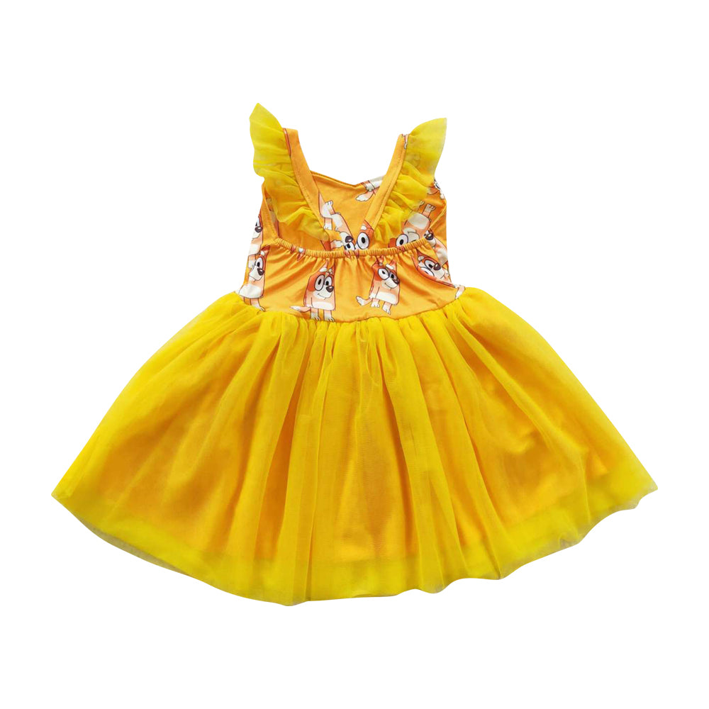 GSD0356 Cartoon Blue Dog Yellow Tulle Dress