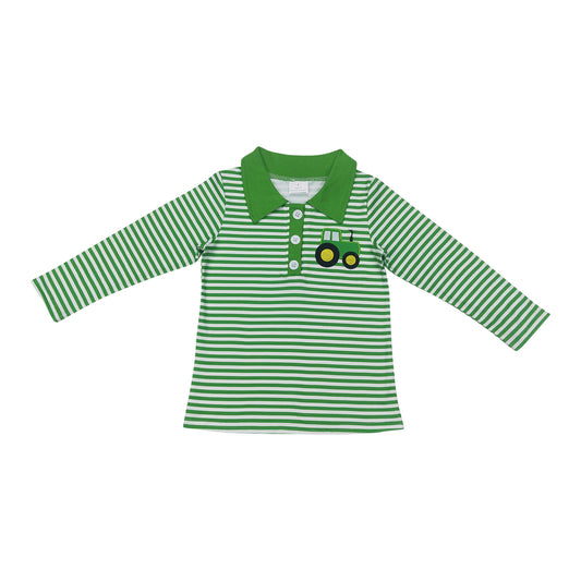 Kids Boys Tractors Green Striped Long Sleeve T-shirt
