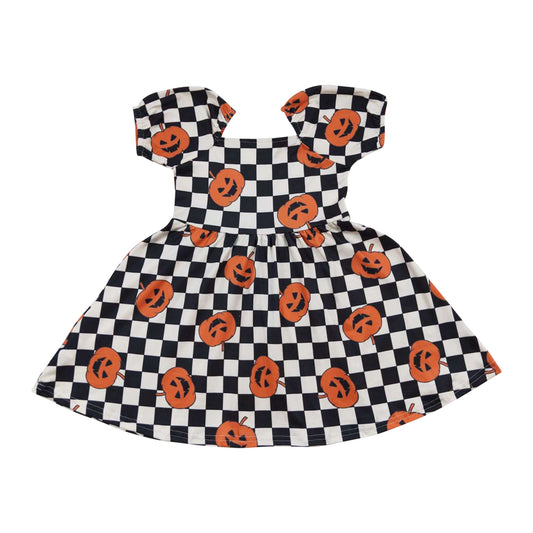 GLD0302 Halloween Pumpkin Checkerboard Short Sleeve Baby Girls Dress