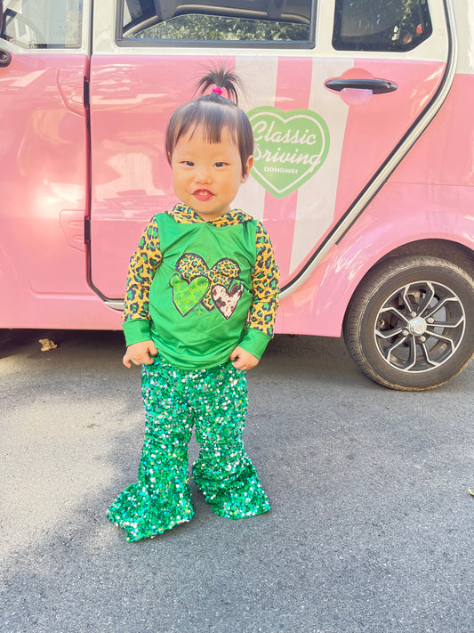 Baby Girls St. Patrick's Day Hoodie Top and Green Sequin Bell Pants Set