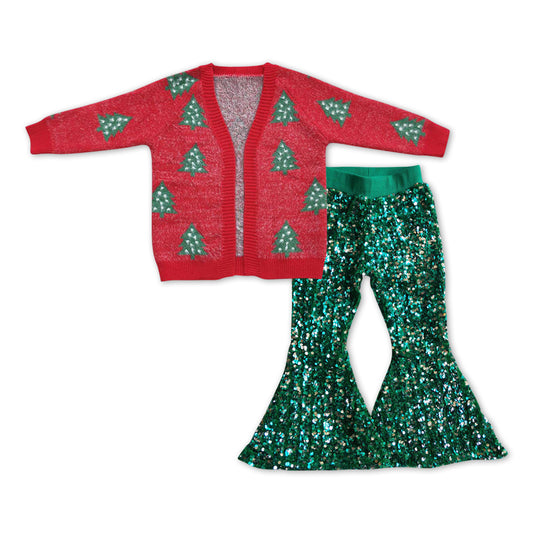 Christmas Tree Sweater And Green Sequin Bell Bottom Pants Set