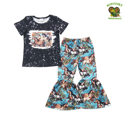 GSPO1199 Baby Girls Horse Print Top Bell Bottom Pants Outfit