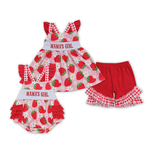 Summer Sibling Mama's Girl Strawberry Embroidery Outfit and Romper