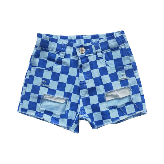 SS0093 Blue Color Checkerboard Denim Shorts