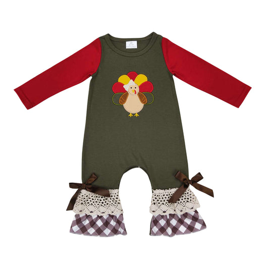 LR0666 Baby Girls Thanksgiving Embroidery Turkey Romper