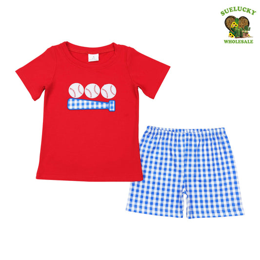 BSSO0388 Baby Boys Basaball Top Matching Mavy Checker Shorts Set