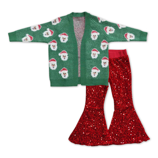 Christmas Santa Sweater And Red Sequin Bell Bottom Pants Set