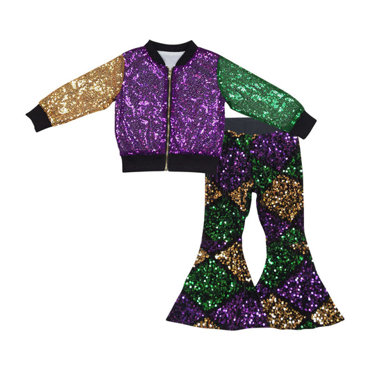 Kids Girls Sparkle Sequin Jacket Matching Bell Pants Outfit