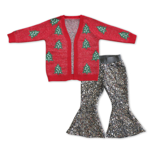 Christmas Tree Sweater And Sliver Sequin Bell Bottom Pants Set