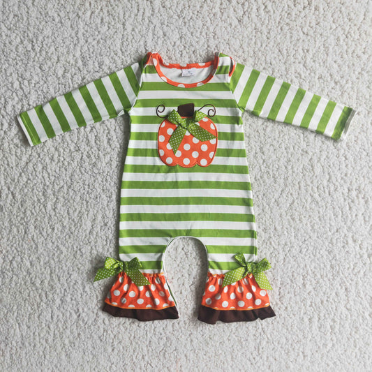 6 A10-26 Newborn Baby Girls Fall Embroidery Pumpkin Green Stripped Romper