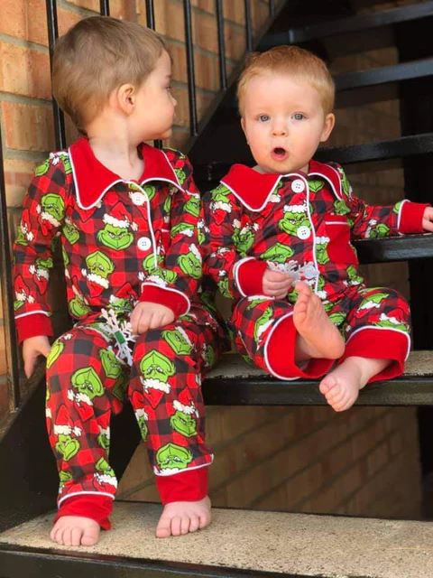 Christmas Red Green Plaid Long Sleeve Boys  Pajamas Set