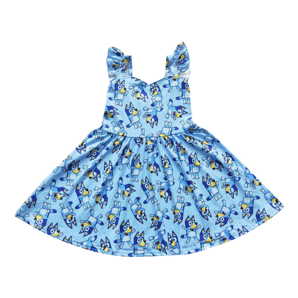 Summer Girls Blue Cartoon Dog Dress