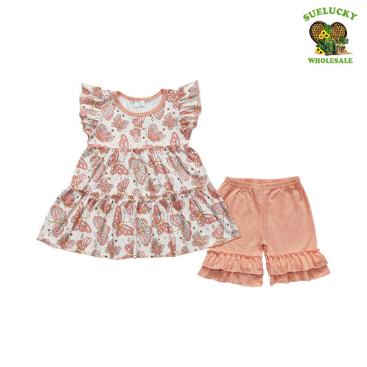 Baby Girls Butterfly Tunic Top Pink Ruffle Shorts Outfit