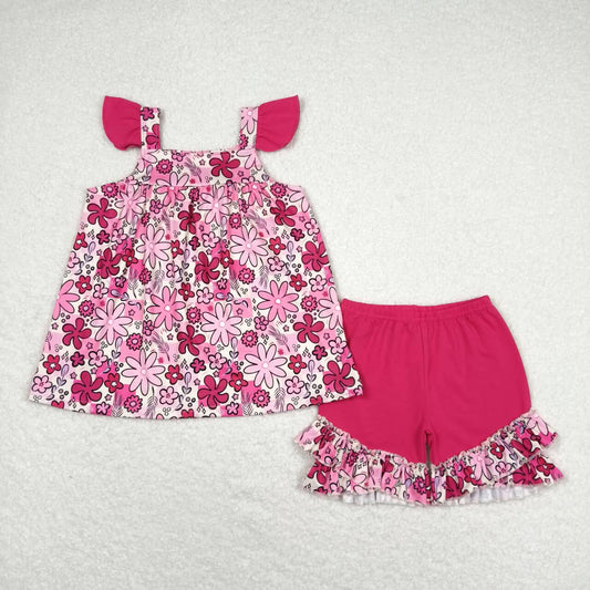 GSSO1005 Hot Pink Floral Tunic Top Ruffle Shorts Set