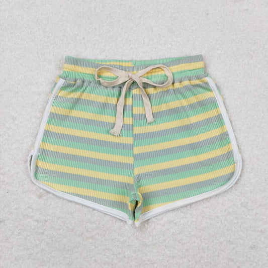 Kids Girls  Yellow Green Color Striped Cotton Shorts