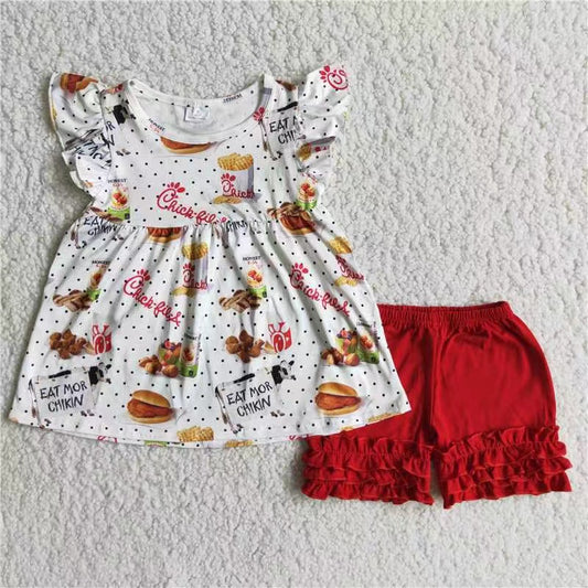 A7-22 Sumemr Baby Girls Chicken Red Ruffle Shorts Set