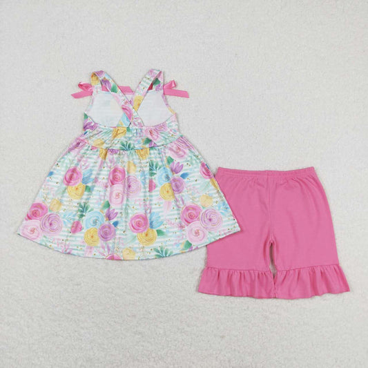 GSSO1007 Colorful Floral Tunic Top Ruffle Shorts Set