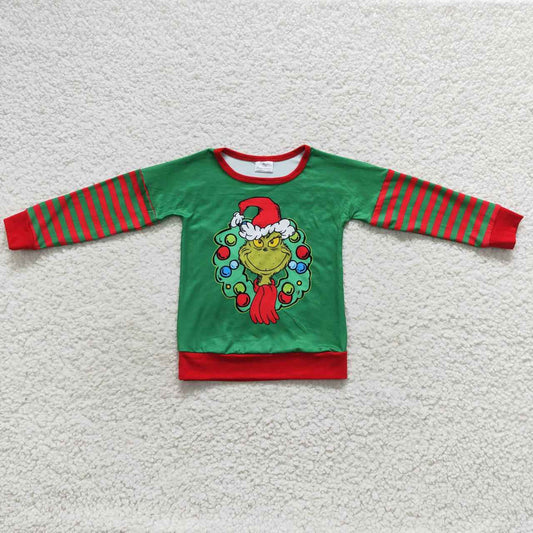 BT0245 Boys Christmas Green Face Cartoon Long Sleeve T-shirt