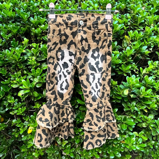 Girls Leopard Double Ruffle Jeans