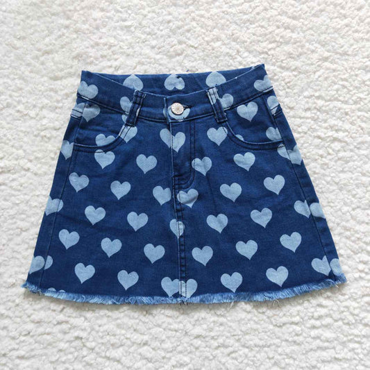 GLK0010 Kids Girls Heart Print Denim Skirt