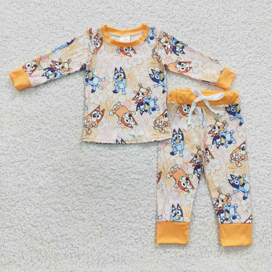 Kids Pajamas Set Orange Cartoon Dog Sleeping Clothing Outfit