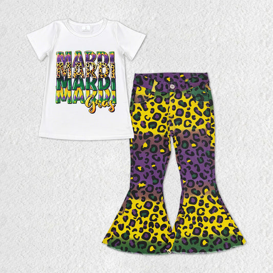 GSPO1330 Kids Girls Mardi Gras Top Matching Purple Yellow Leopard Pants Outfit