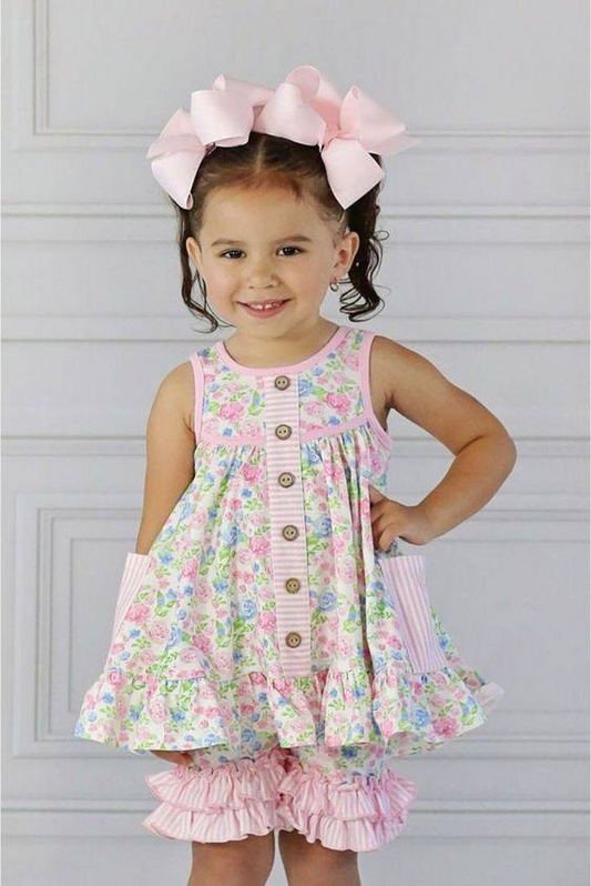 Baby Girls Floral Top Pink Striped Shorts Set