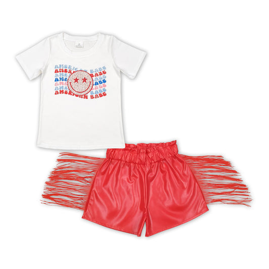 GSSO1421 American Babe Top Leather PU Red Shorts Set