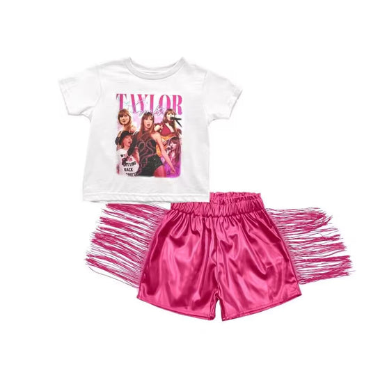 GSSO1435 Kids Girls Taylor Swift Top Hot Pink PU Leather Shorts Set Pre-order