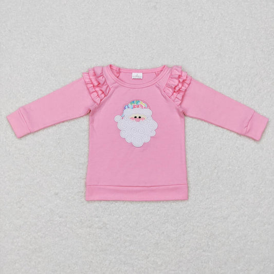 GT0369 Kids Girls Christmas Embroidery Santa Pink Long Sleeve T-shirt
