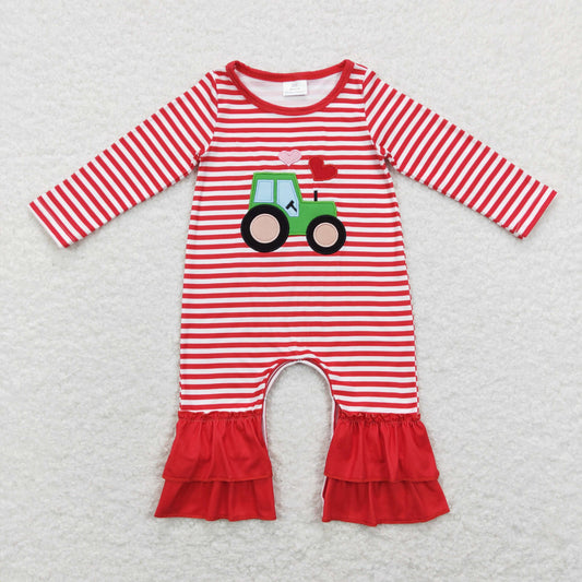 Girls Embroidery Heart Tractors Valentine's Day Romper