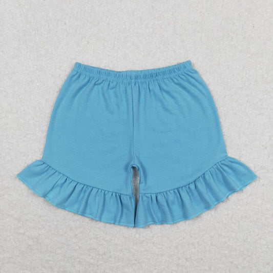 SS0272  Blue Solid Color Knit Cotton Double Ruffle Shorts