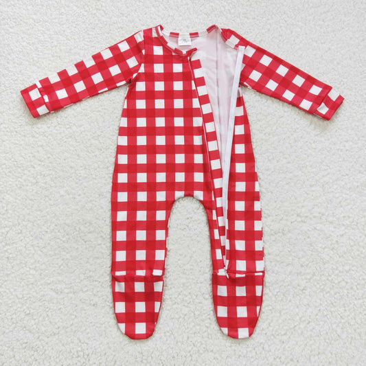 LR0549 Newborn Baby Girls Red Color Plaid Footed Zipper Romper