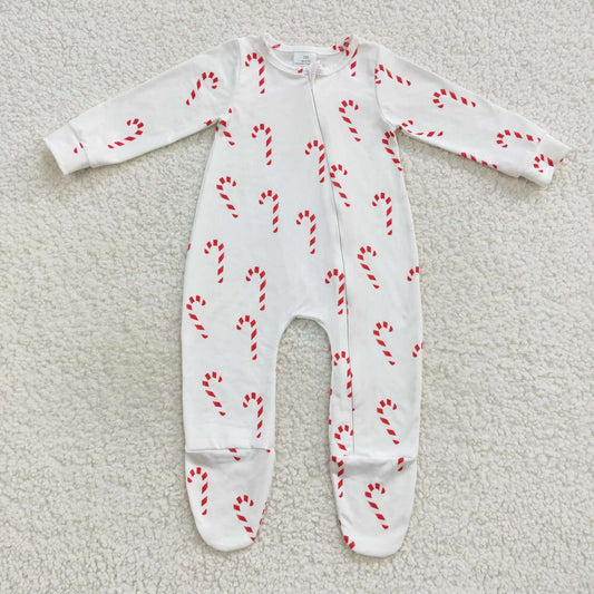 LR0551 Newborn Baby Girls Christmas Candy Cane Footed Romper