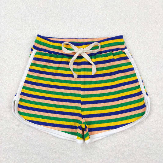 Kids Girls Green Yellow Blue Color Striped Cotton Shorts