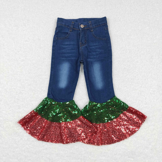 P0113 Kids Girls Christmas Denim Pants With Ren Green Sequin