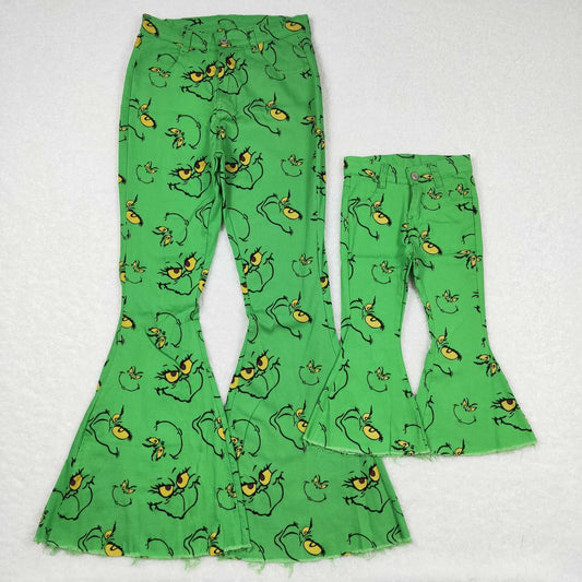 Mommy And Me Green Face Print Denim Bell Pants