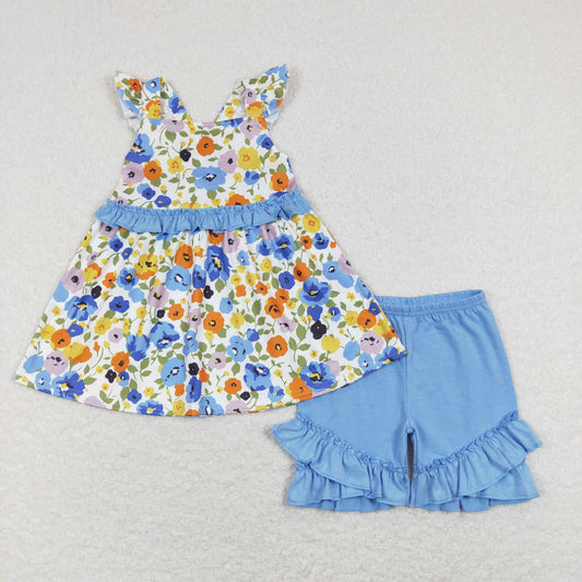 Baby Girls Floral Tunic Top matching Blue Ruffle Shorts Set