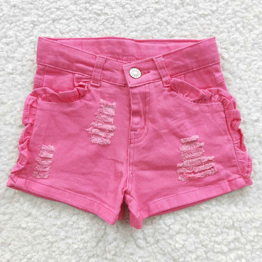 SS0013  Summer Girls Hot Pink Denim Shorts With Ruffle