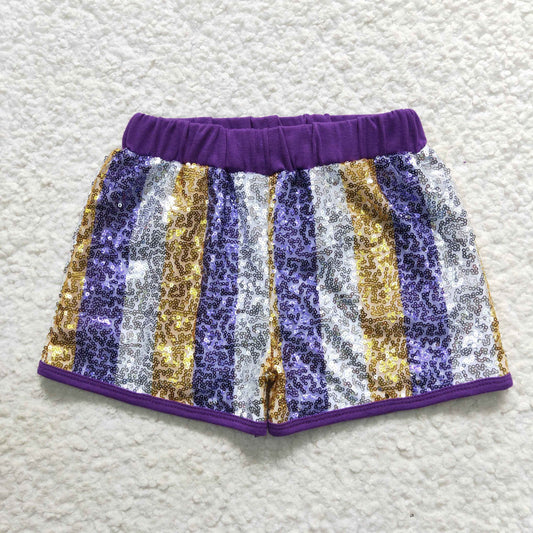 SS0115 White Golden Purple Sequin Shorts For Baby Girls