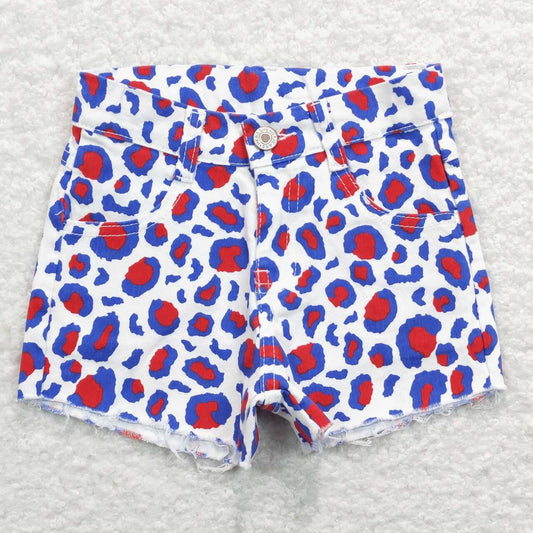 Blue Red Color Leopard Denim Shorts