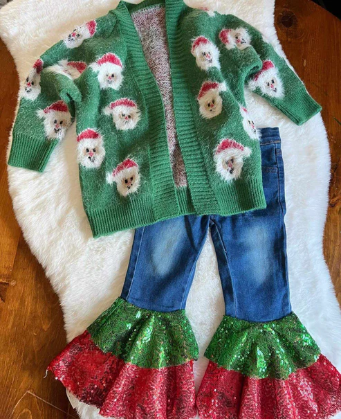 Christmas Santa Sweater And Denim Bell Bottom Pants