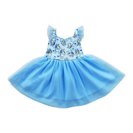 Girls Blue Tulle Dress Cute Cartoon Blue Dog Summer Dresses